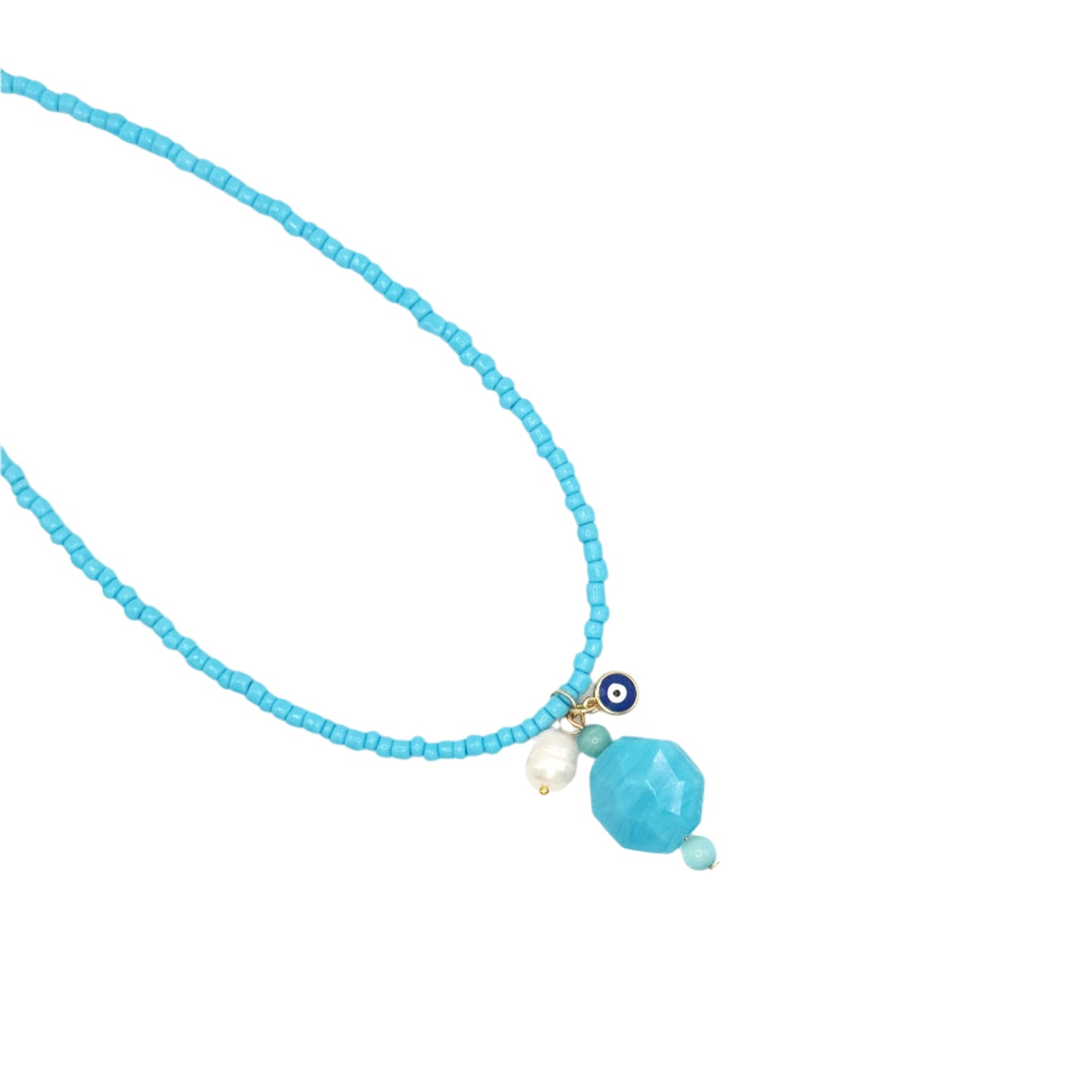 Turquoise beaded necklace with a blue evil eye charm on a white background