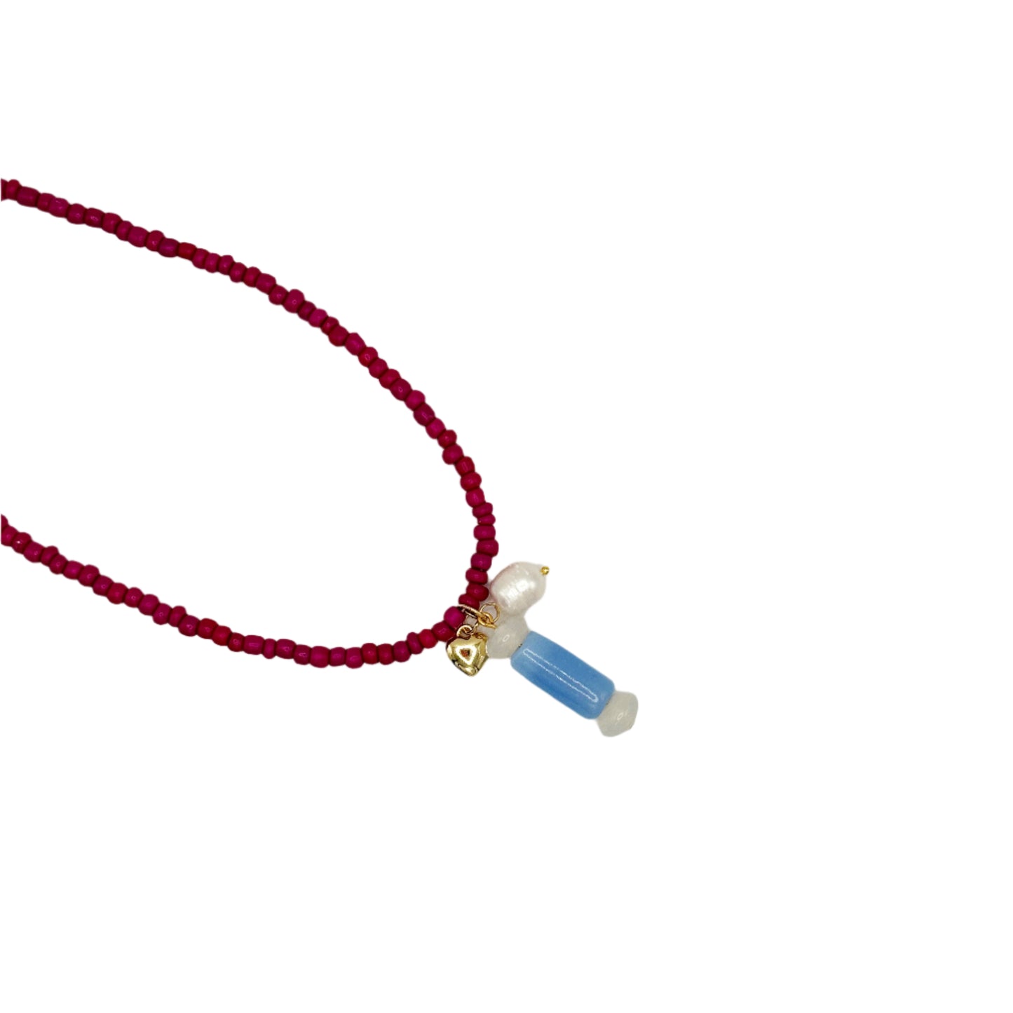 Red beaded necklace with a blue cylindrical charm on a white background
