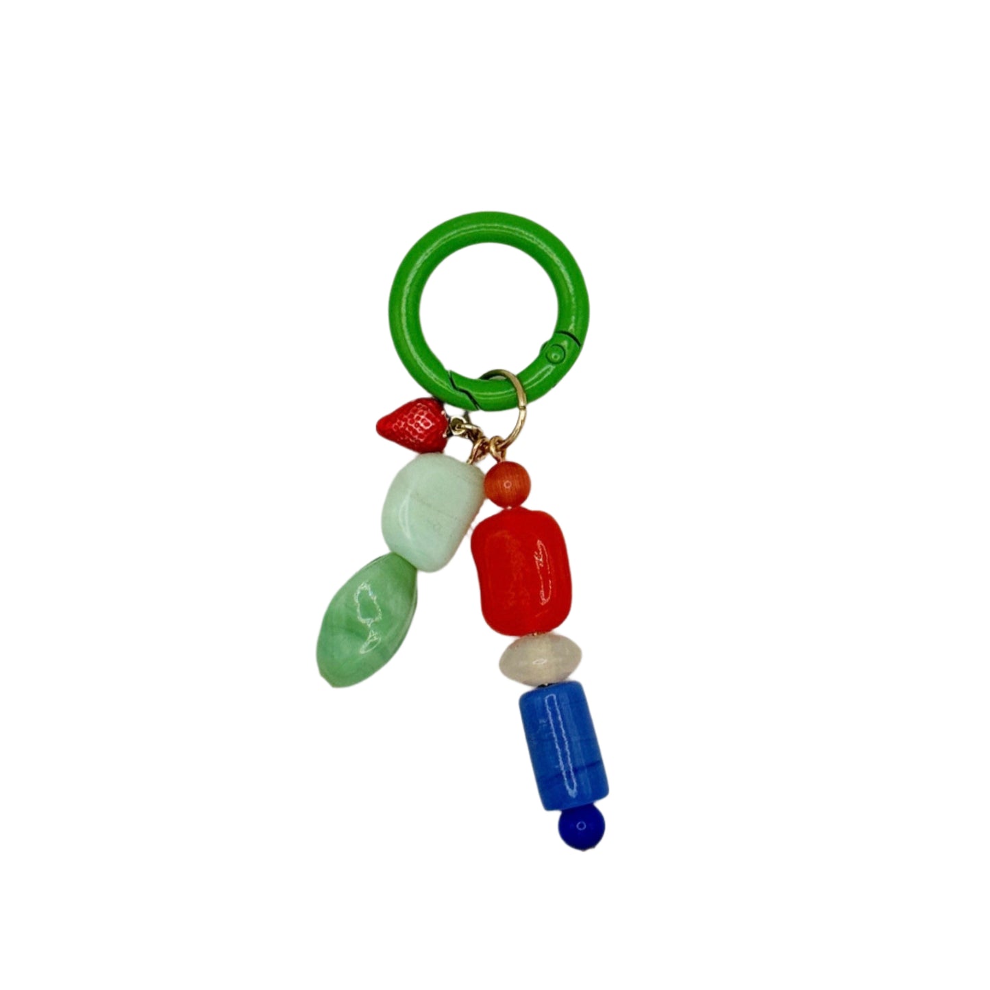 Colorful baby teething ring with beads on a white background