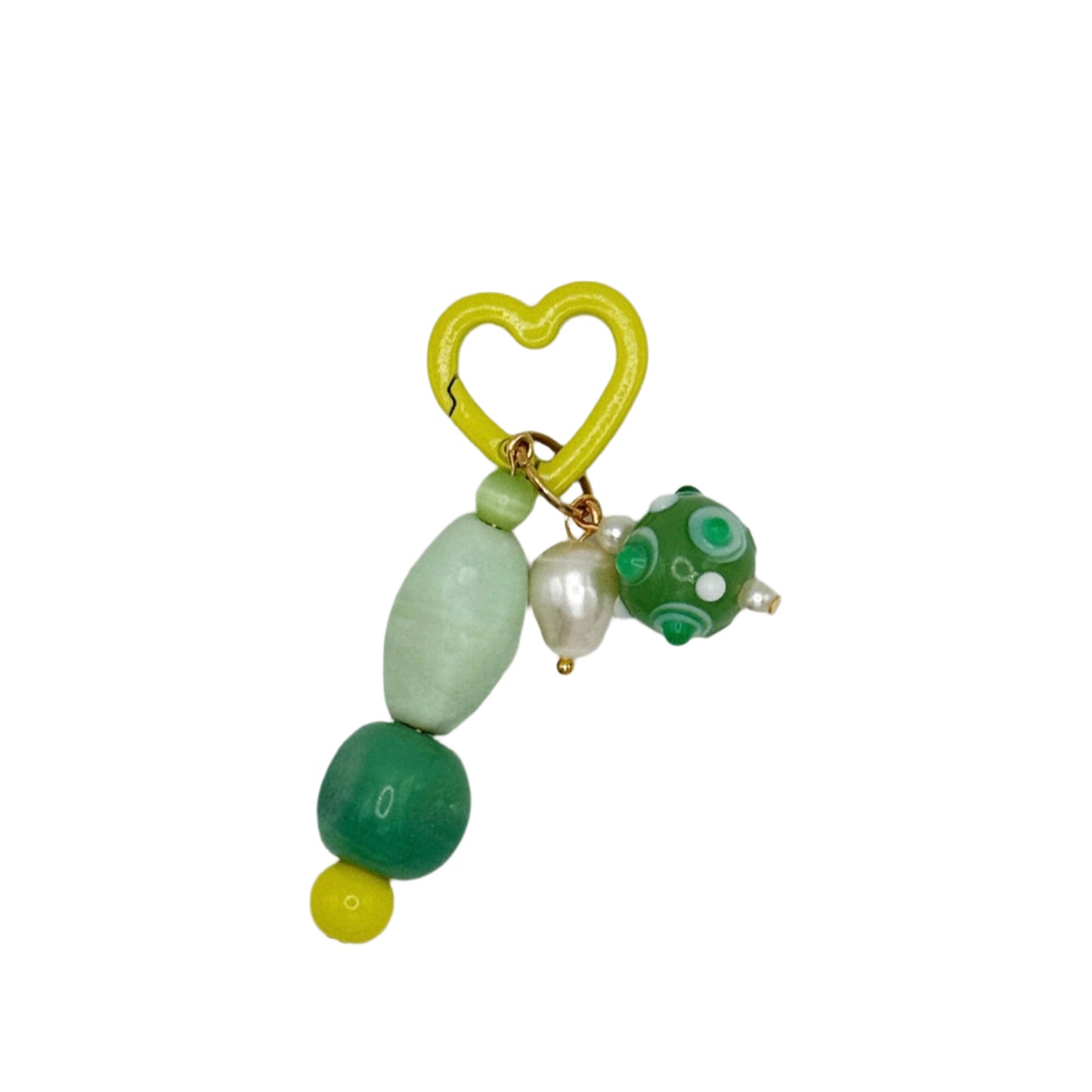 Keychain with heart-shaped clasp and green beads on a white background