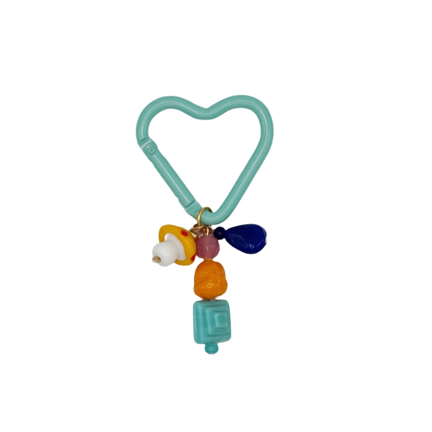 Heart-shaped keychain with colorful beads on a white background
