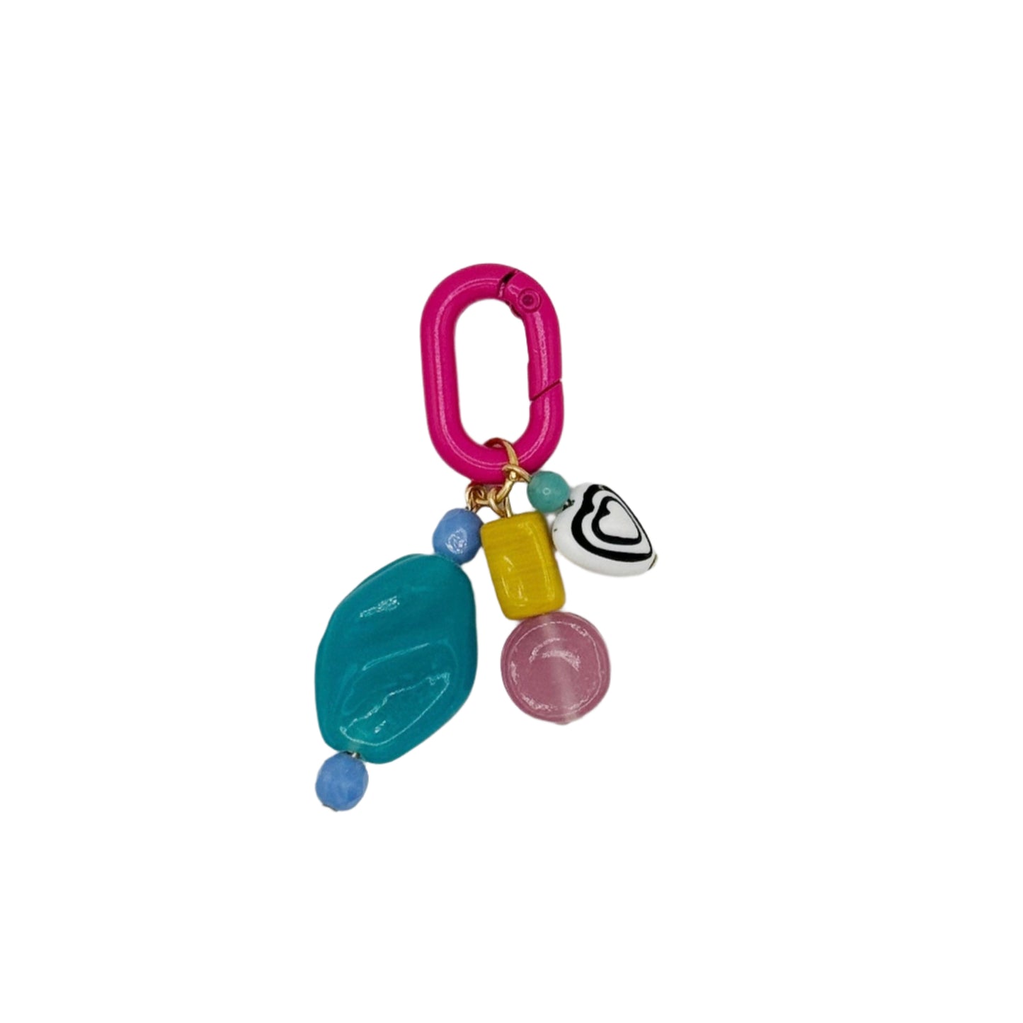 Colorful keychain with various charms on a white background