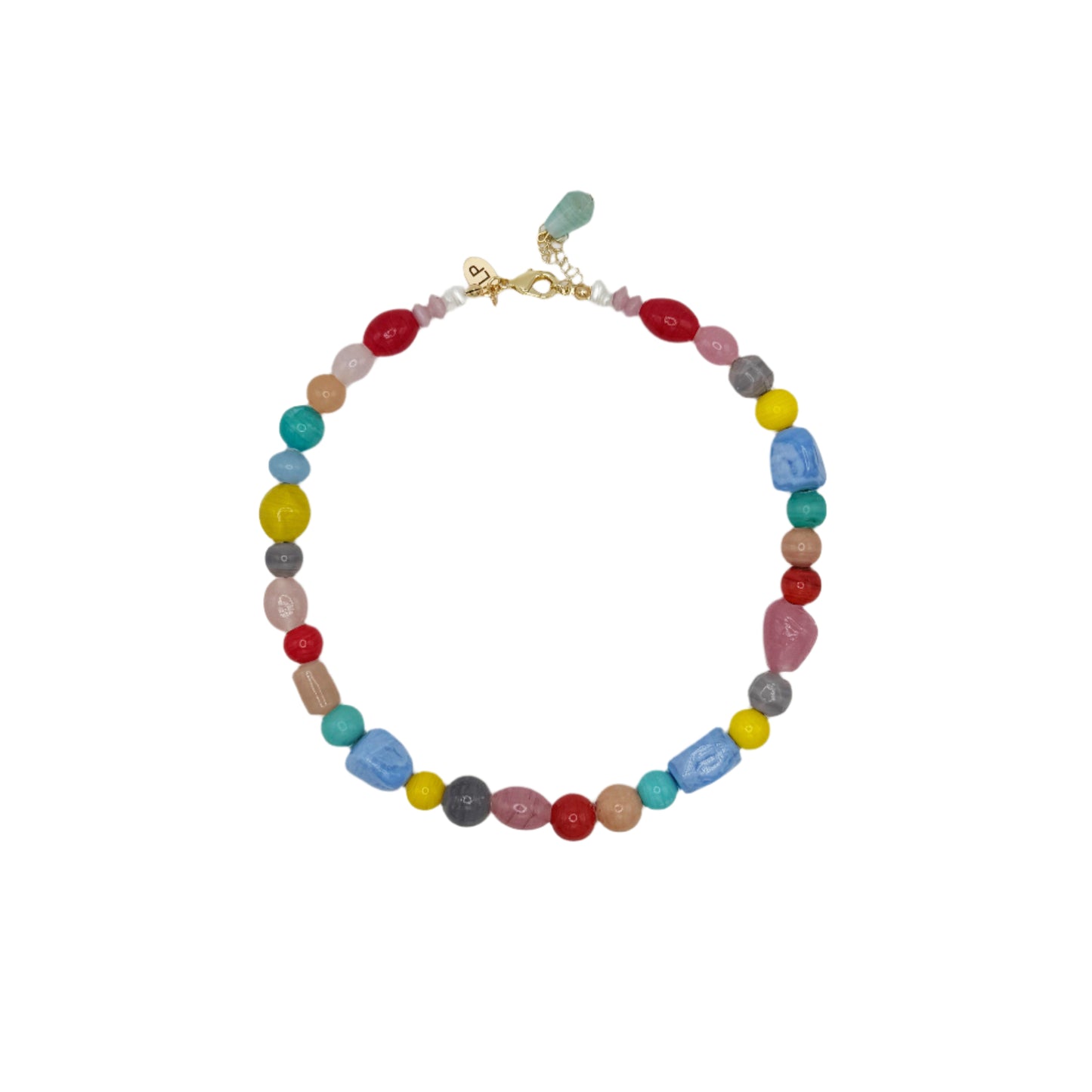 Colorful beaded necklace on a white background