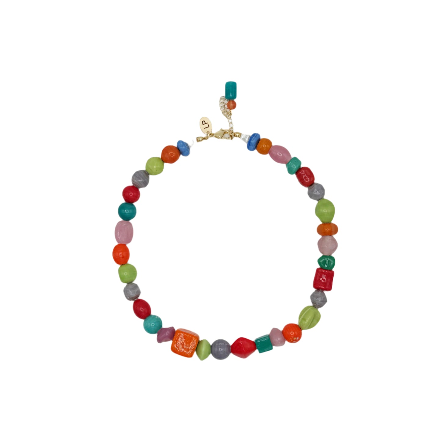 Colorful beaded necklace on a white background