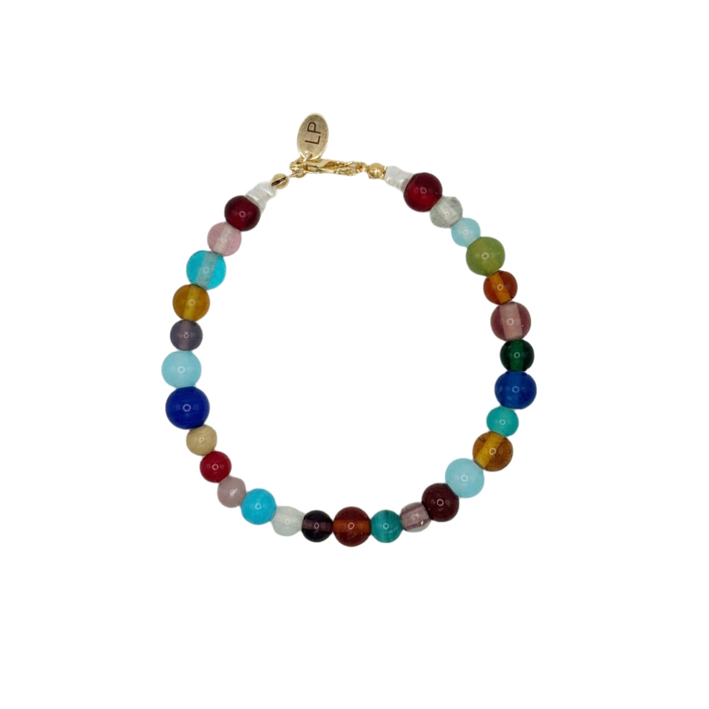 Multicolored beaded bracelet on a white background