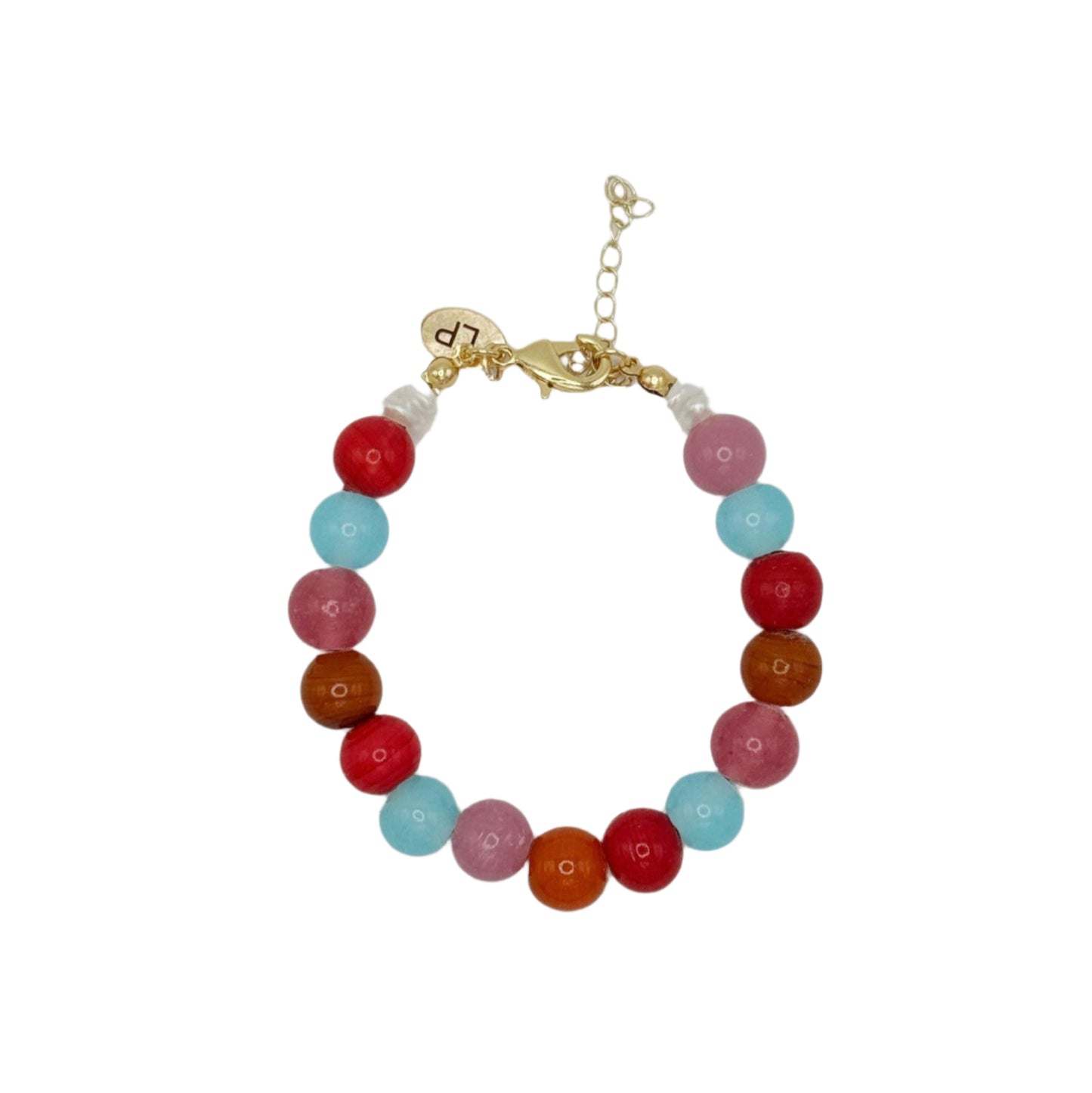 Multicolored beaded bracelet on a light pink background