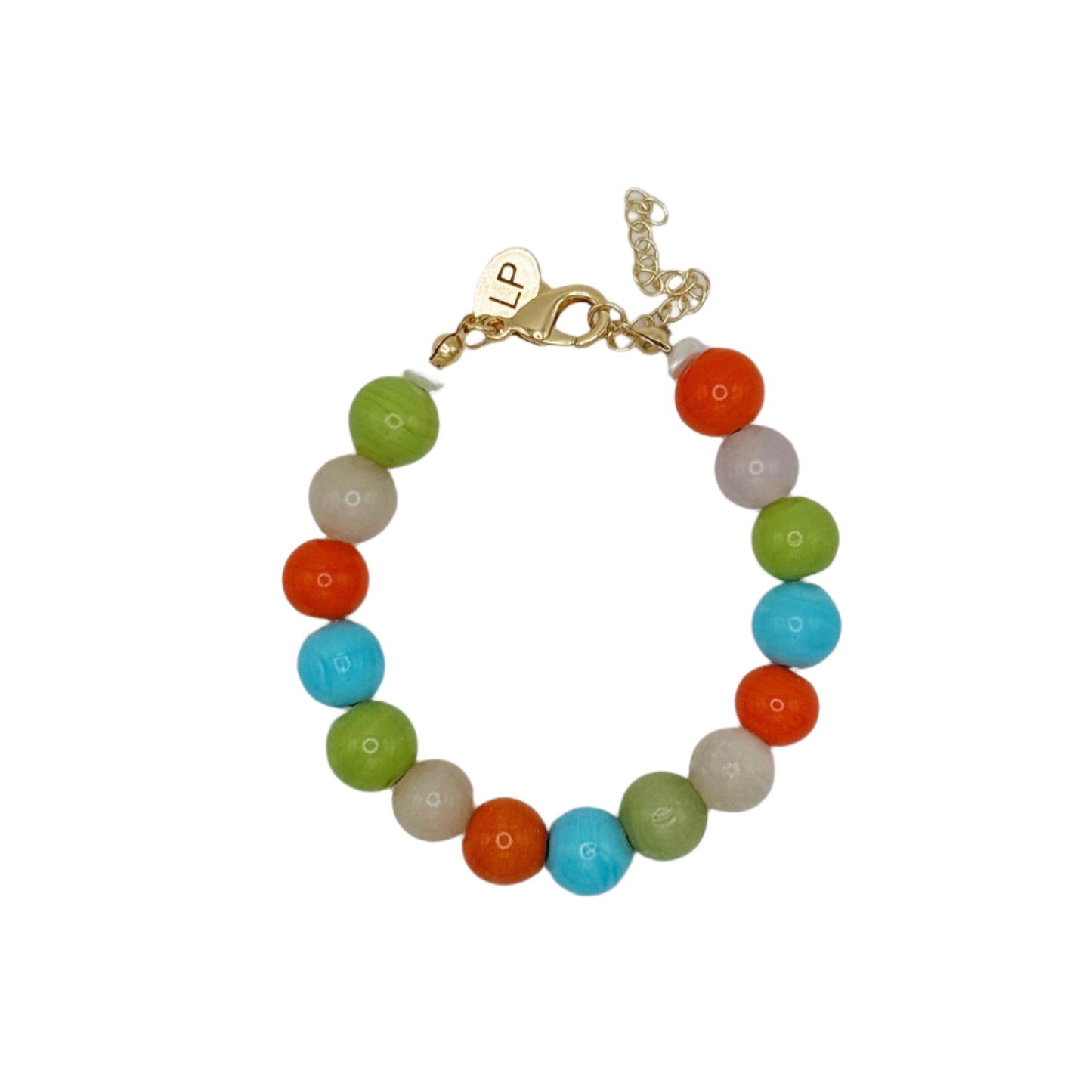 Multicolored beaded bracelet on a light gray background