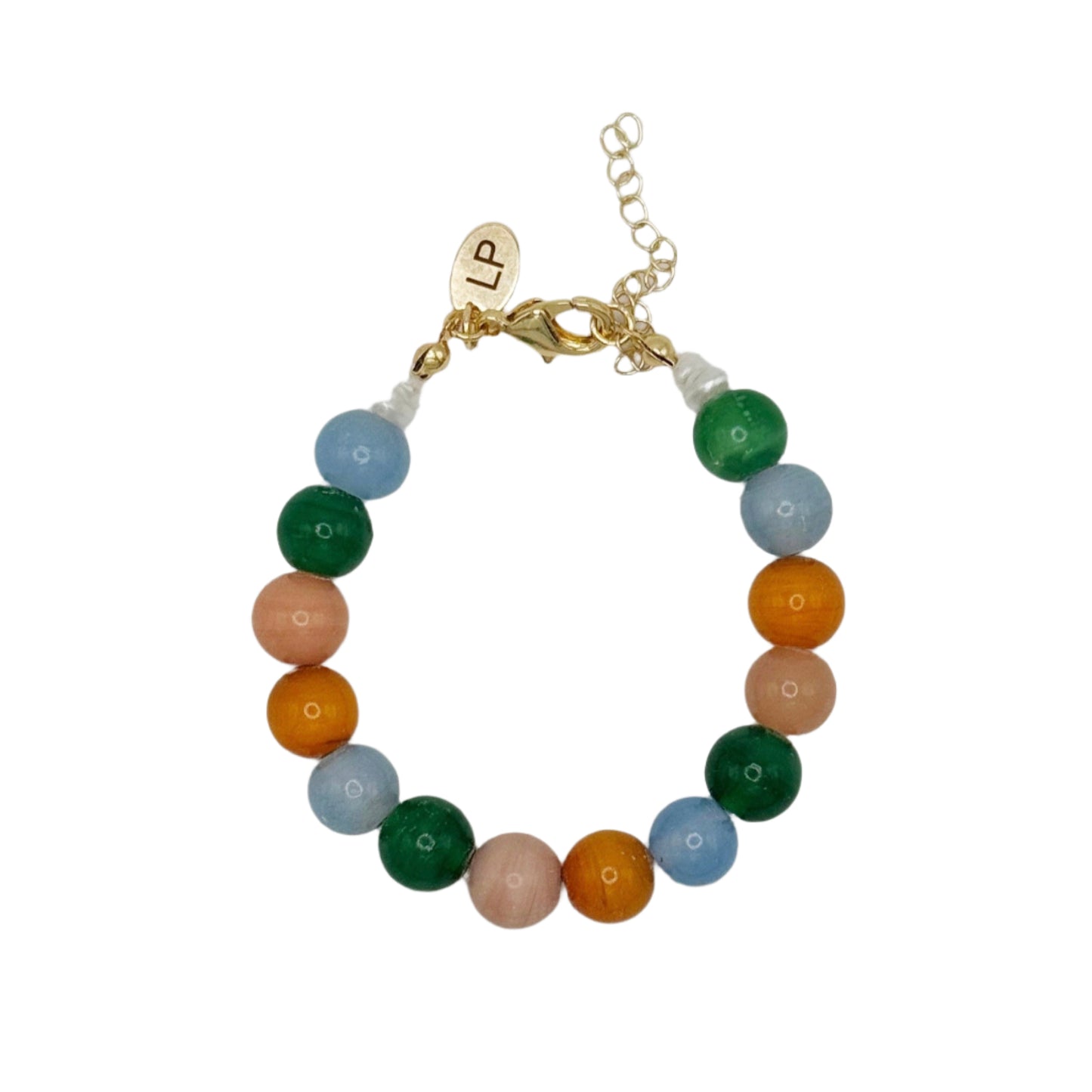 Multicolored beaded bracelet with a gold clasp on a white background