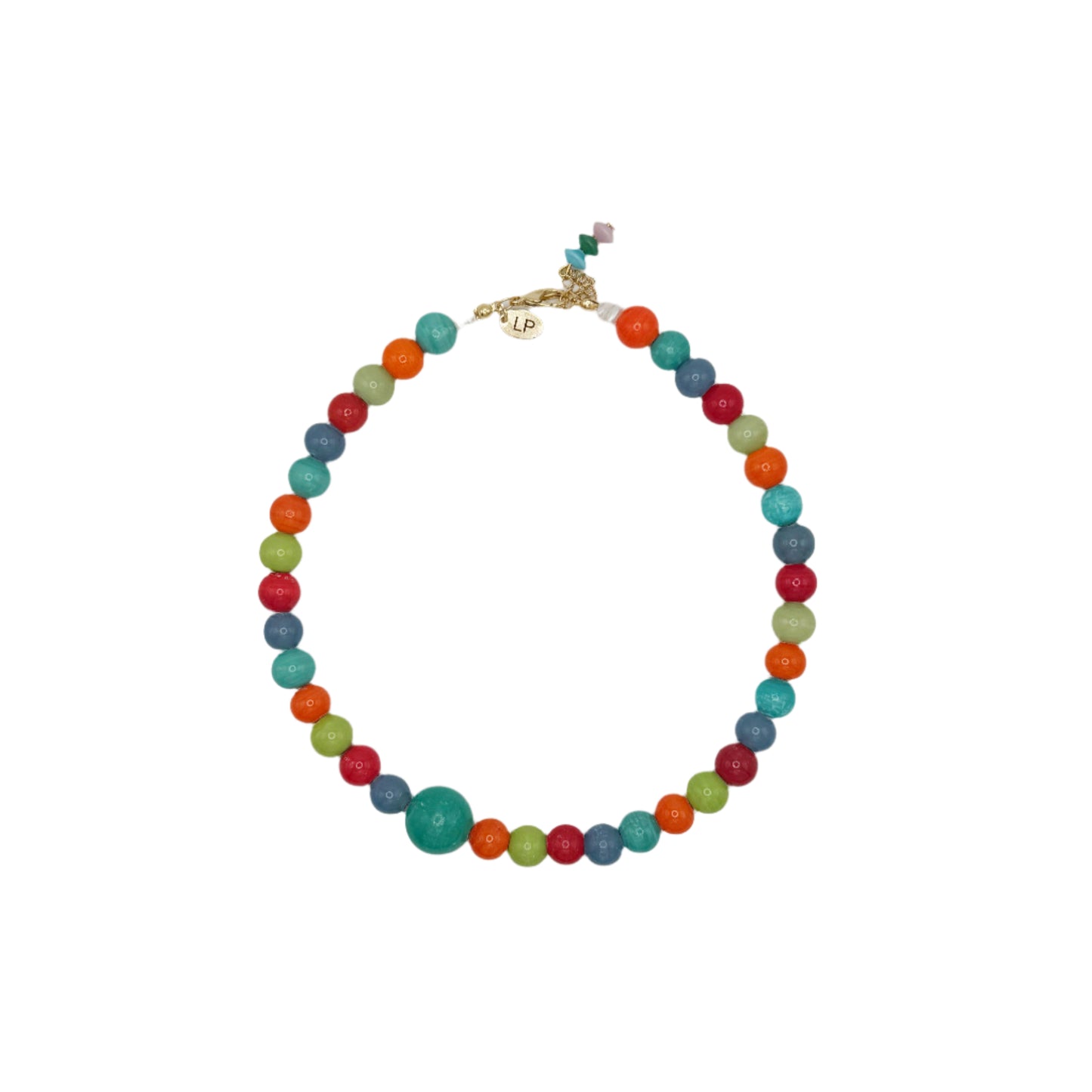 Multicolored beaded necklace on a white background