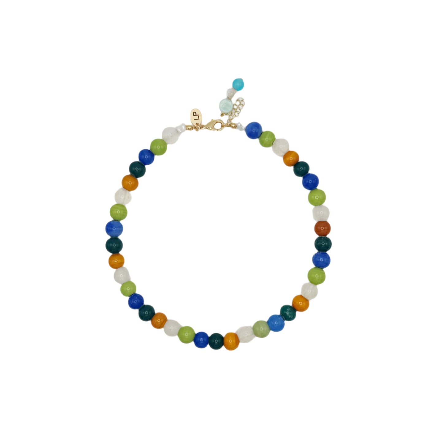 Multicolored beaded necklace on a white background