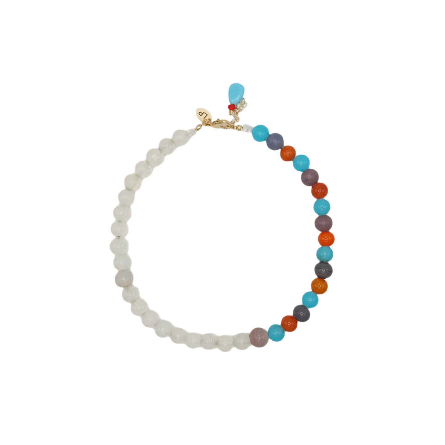 Beaded necklace with multicolored beads on a white background