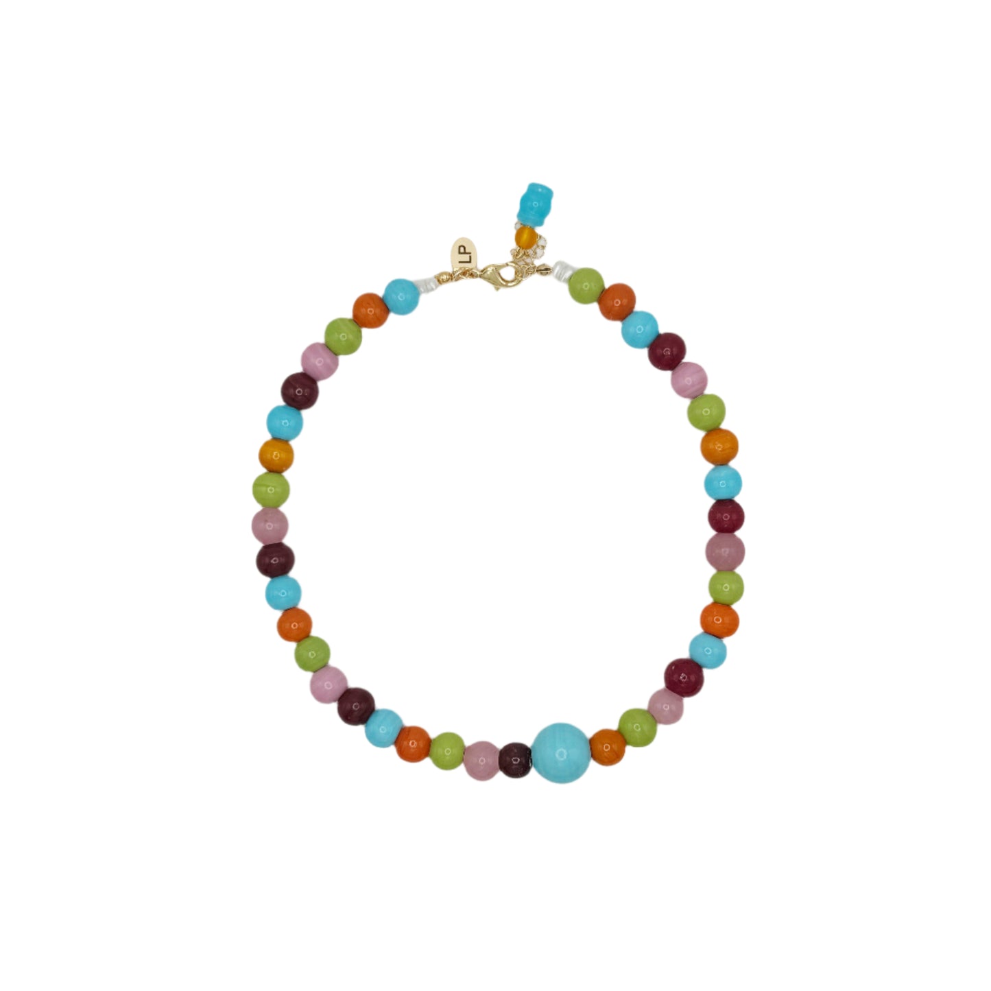 Colorful beaded necklace on a white background