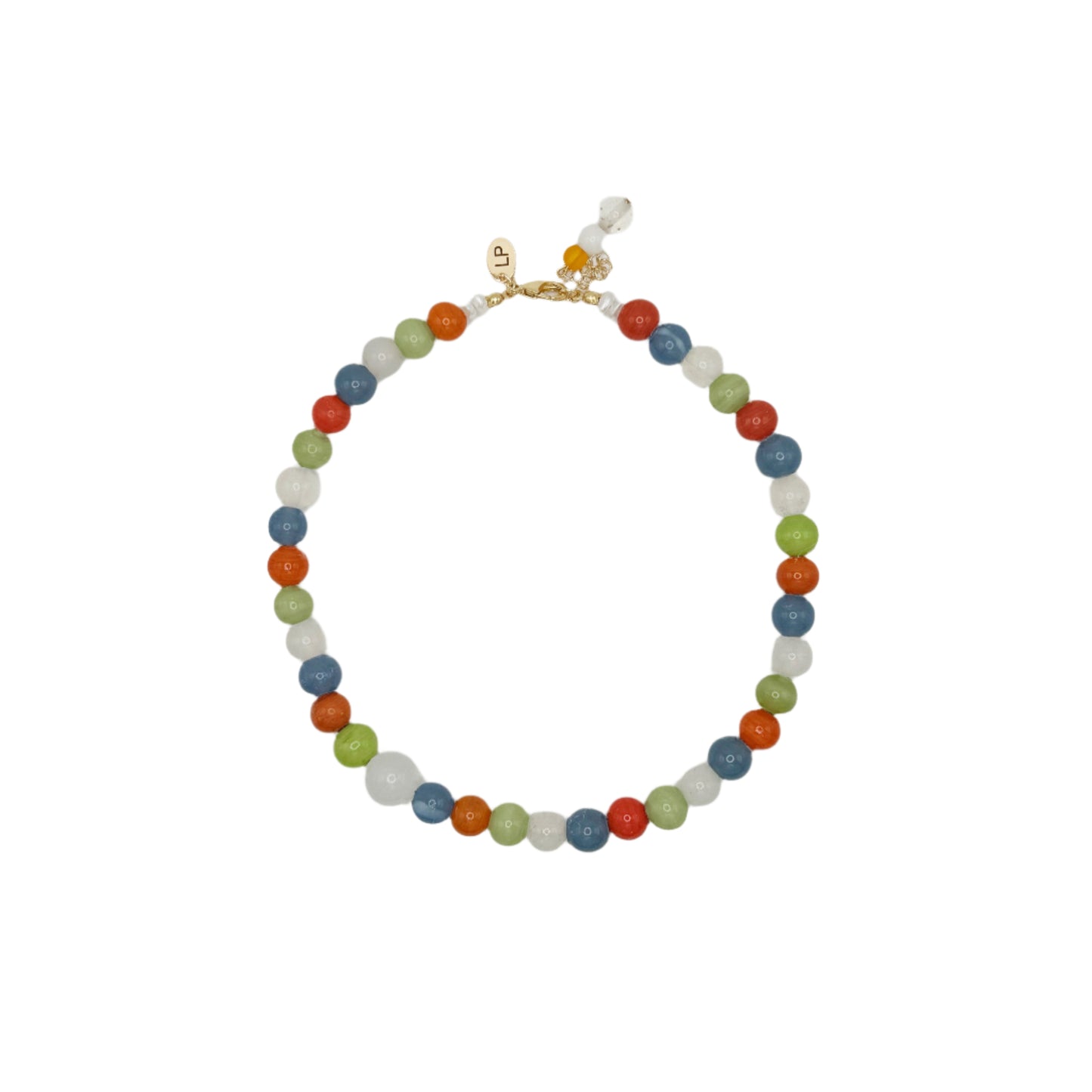 Multicolored beaded necklace on a white background