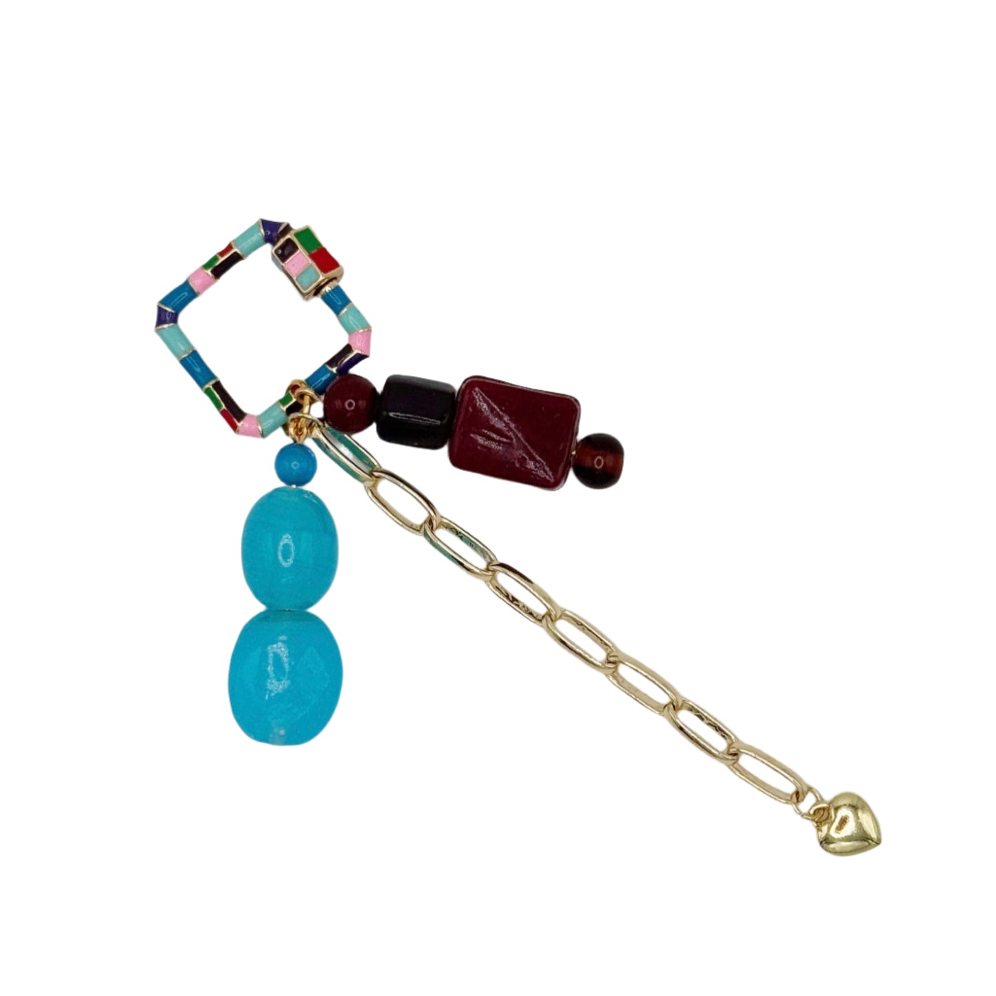 Multicolored beaded keychain with a gold chain on a white background