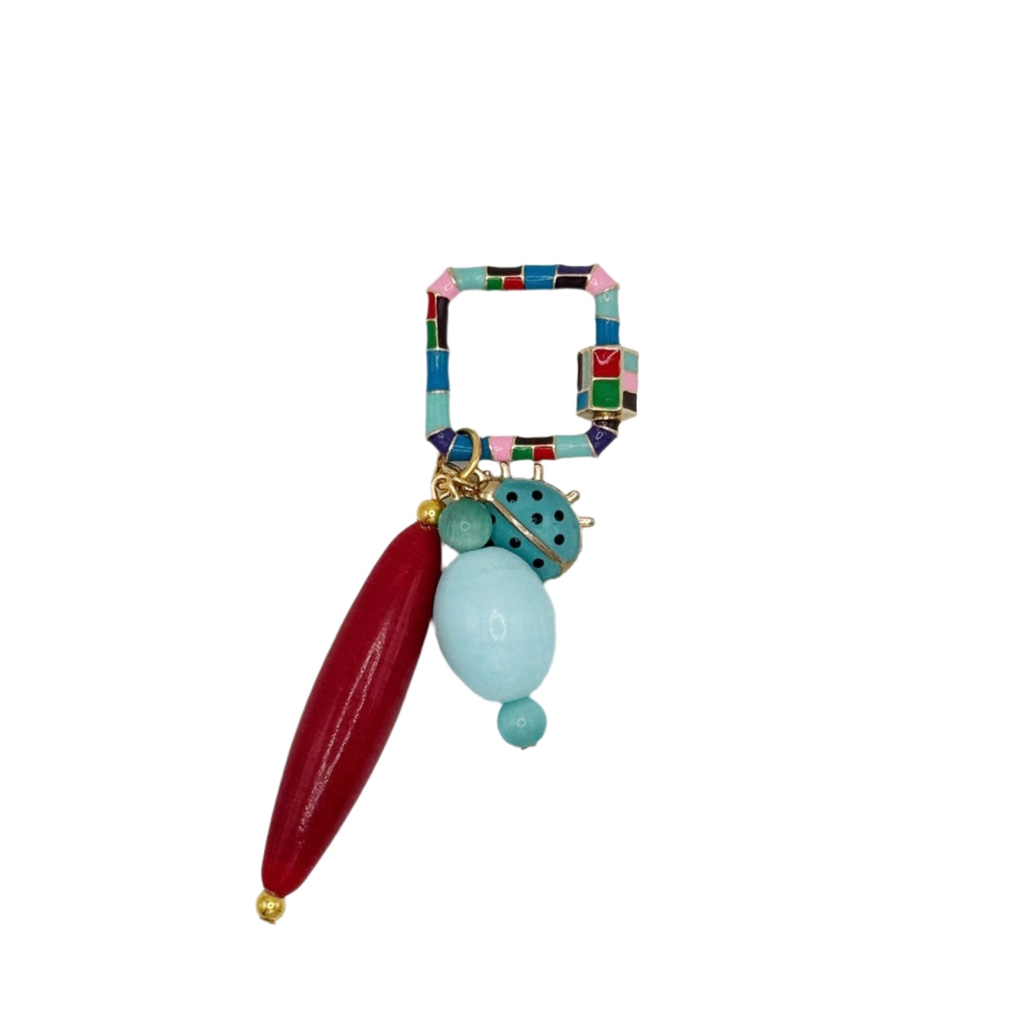 Colorful beaded keychain with a red and blue pendant on a white background