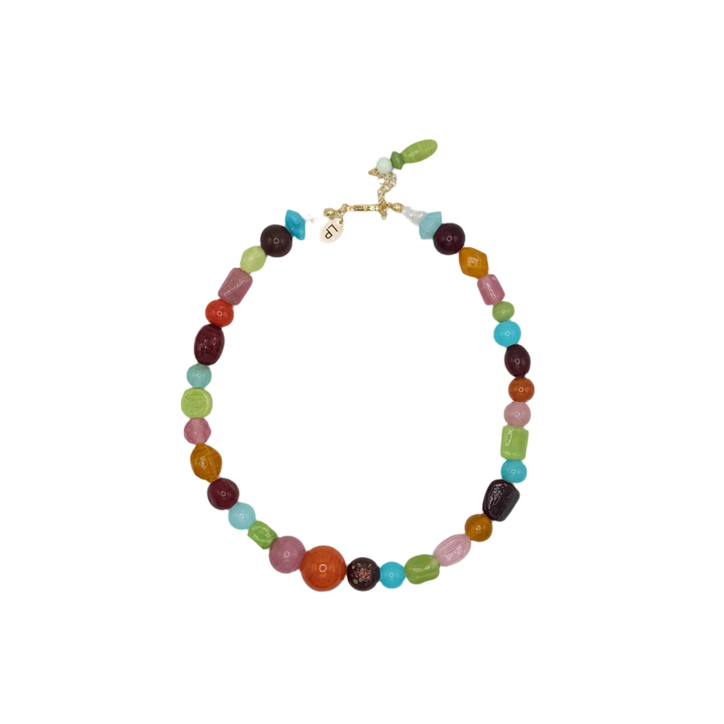 Multicolored beaded necklace on a white background