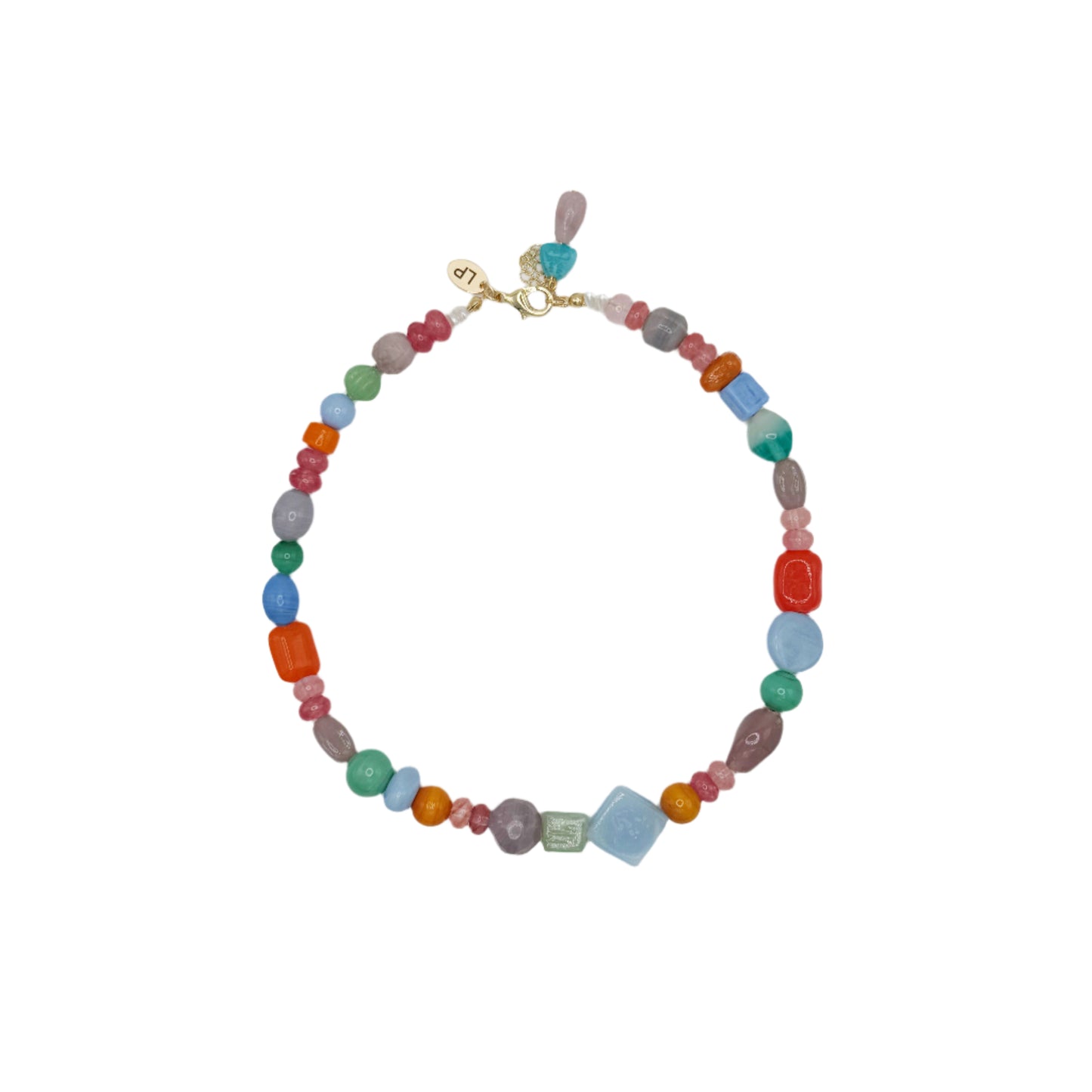 Multicolored beaded necklace on a white background