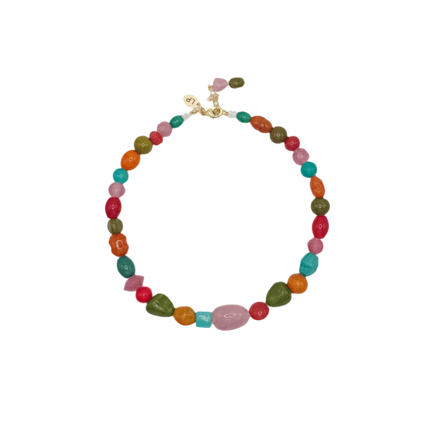 Multicolored beaded necklace on a white background