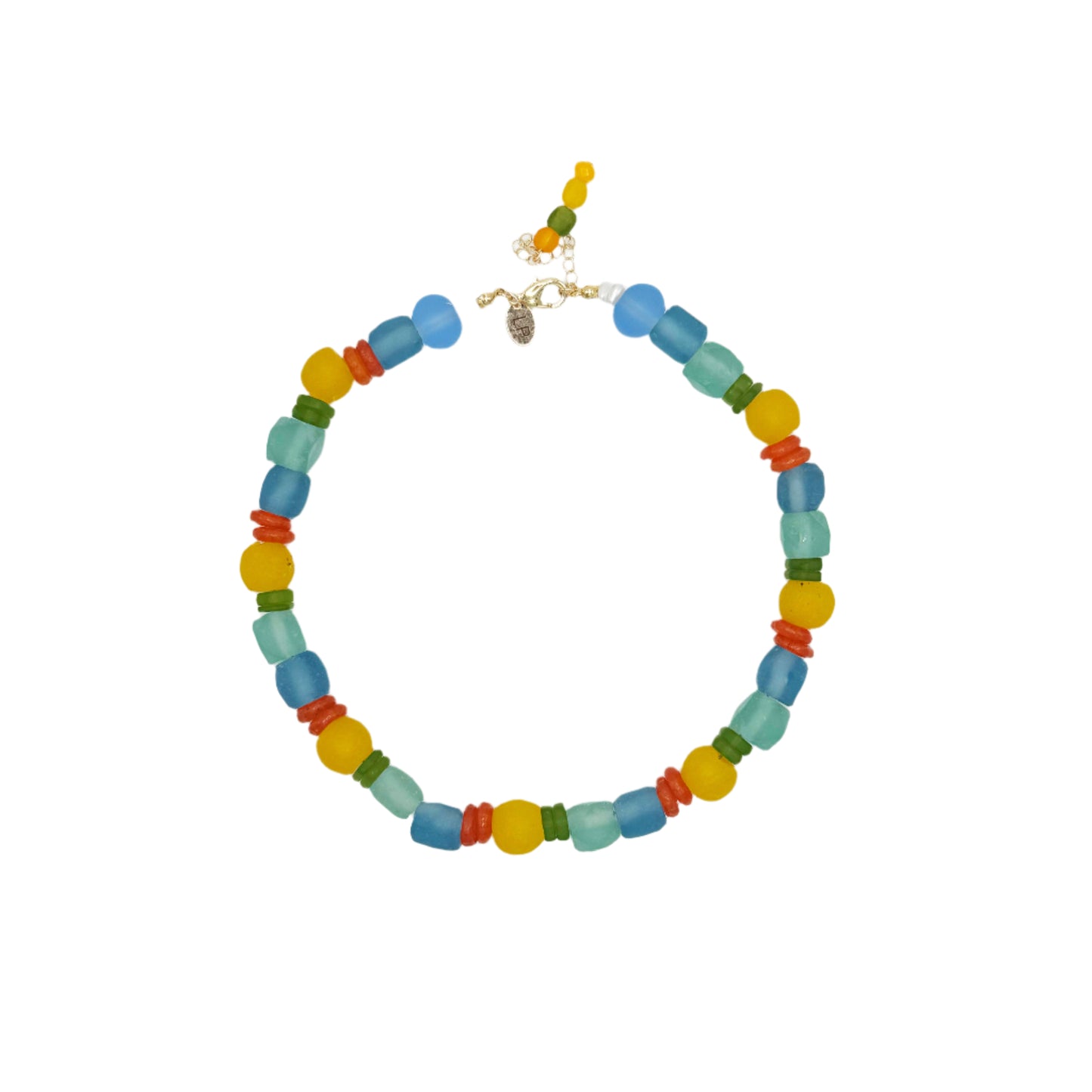 Colorful beaded necklace on a white background