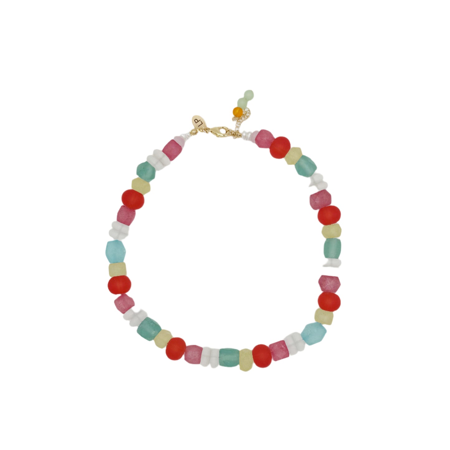 Colorful beaded necklace on a white background