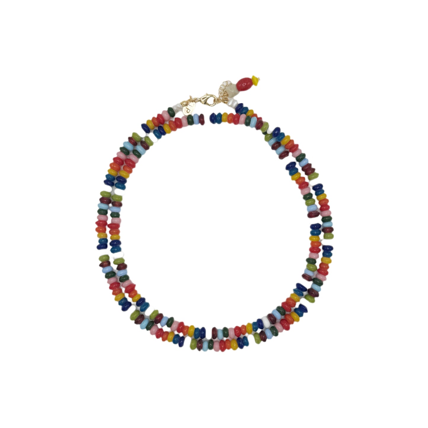 Colorful beaded necklace on a white background