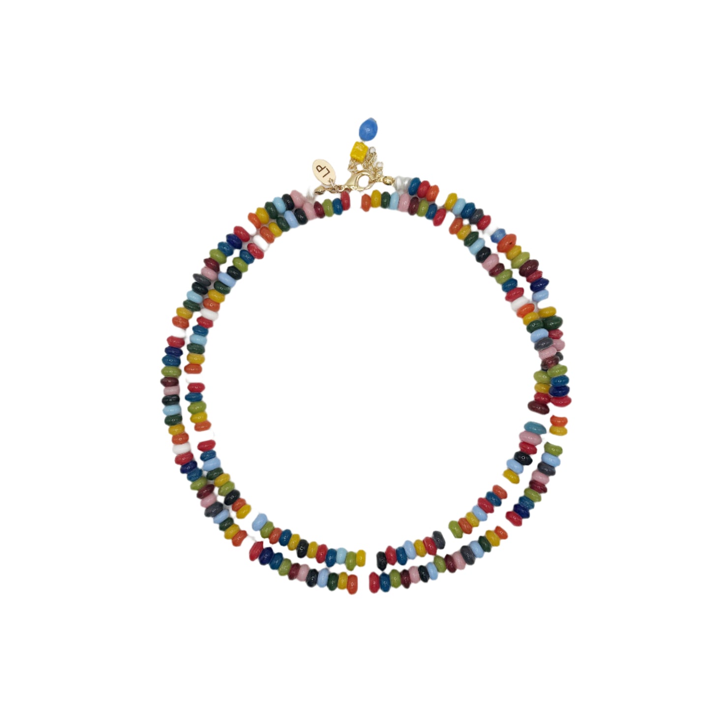 Colorful beaded necklace on a white background
