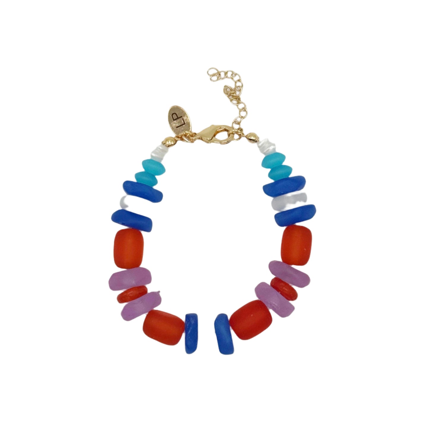 Colorful beaded bracelet with a gold clasp on a white background