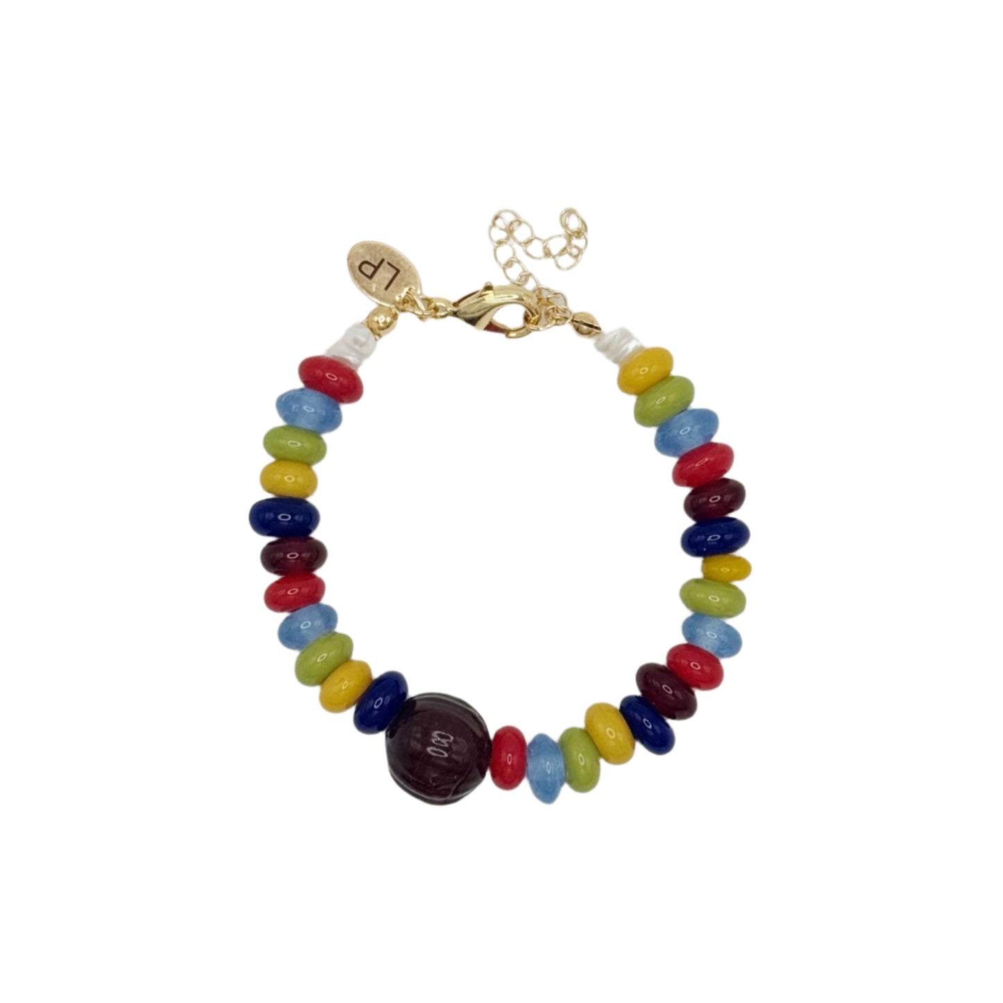 Multicolored beaded bracelet with a gold clasp on a white background