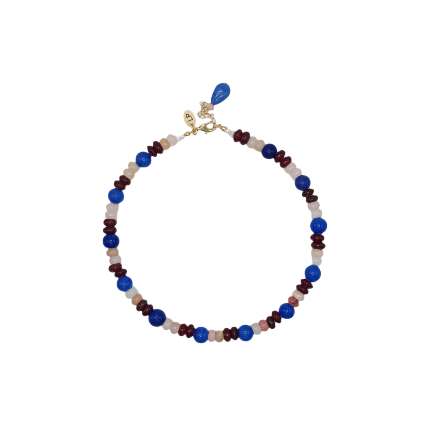 Beaded necklace with blue, red, and gold accents on a white background