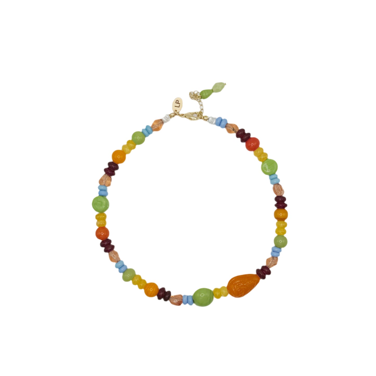 Colorful beaded necklace on a white background