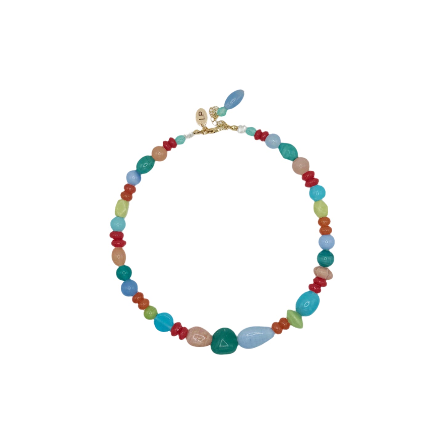 Colorful beaded necklace on a white background