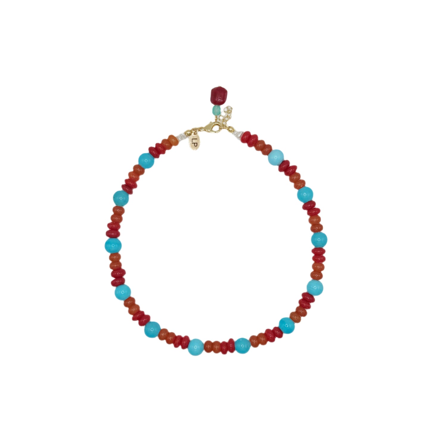 Necklace with red and blue beads on a white background