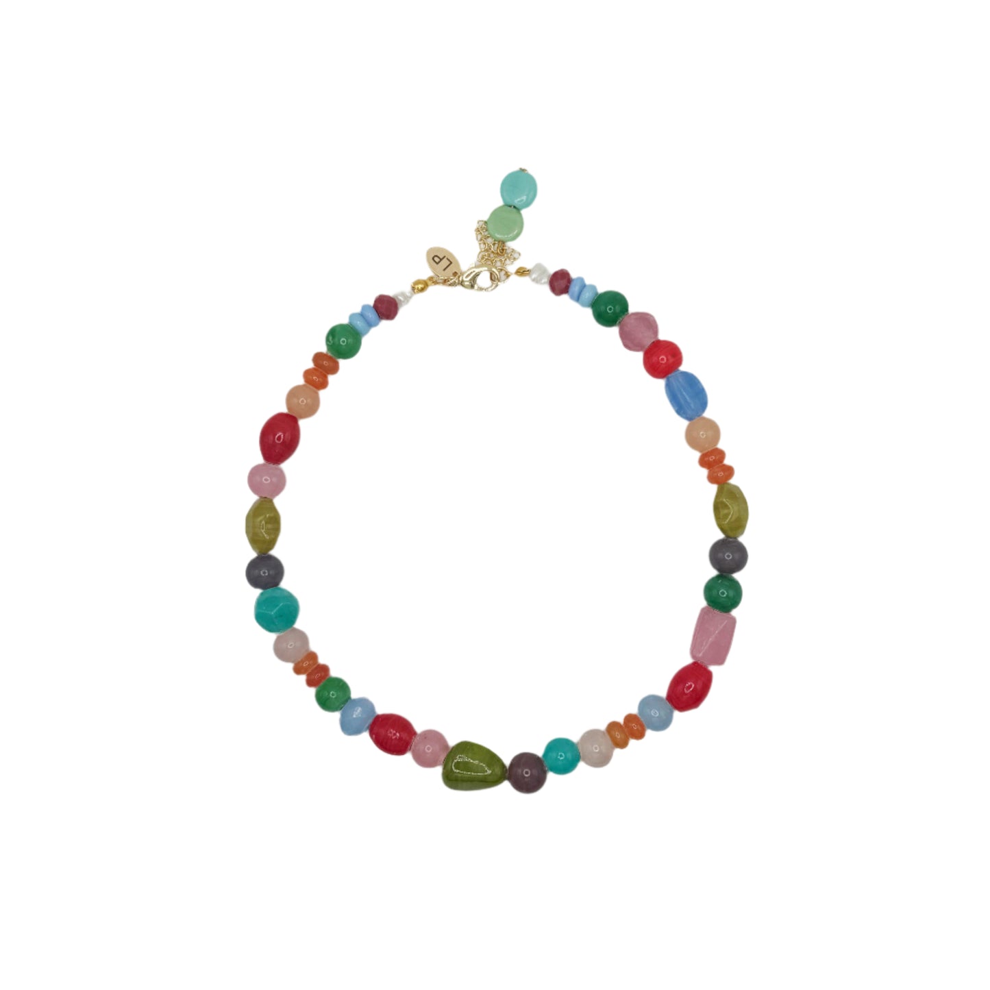 Multicolored beaded necklace on a white background