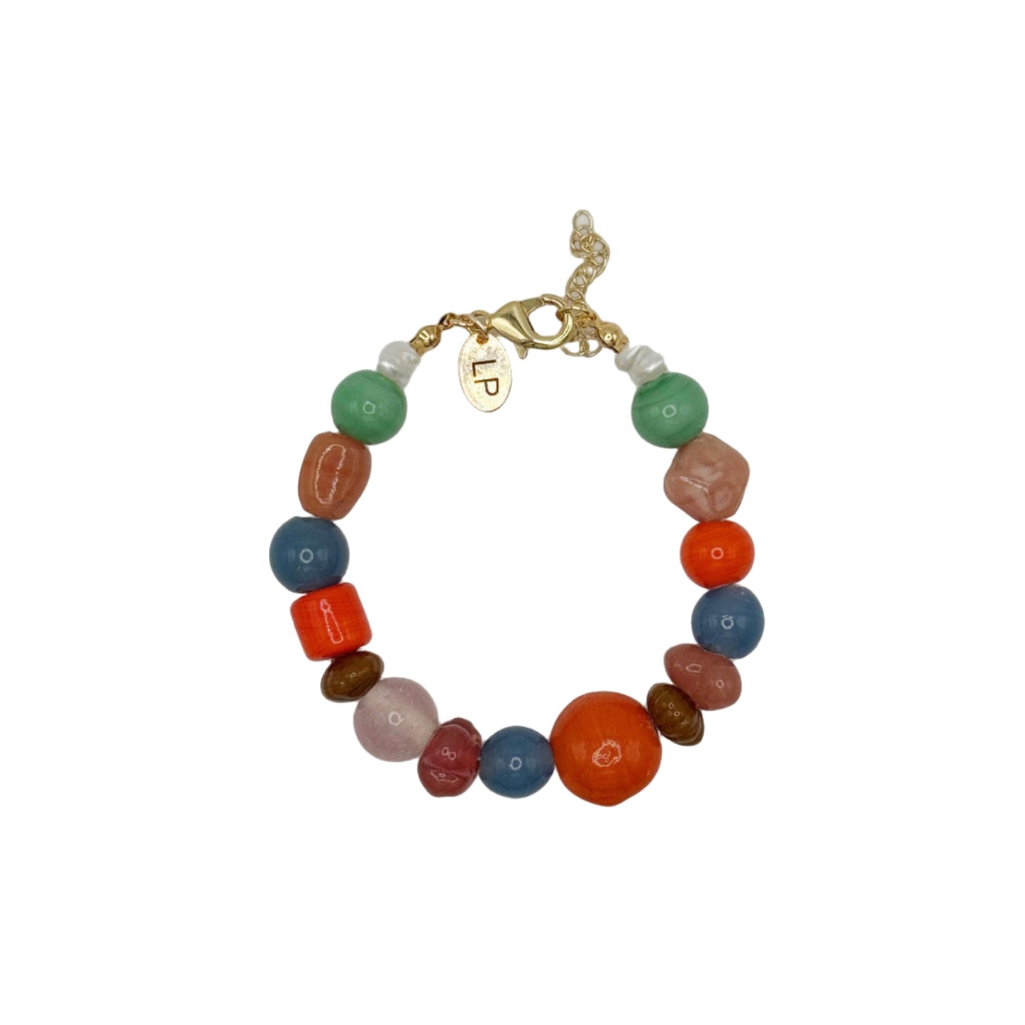 Multicolored beaded bracelet with a gold clasp on a white background