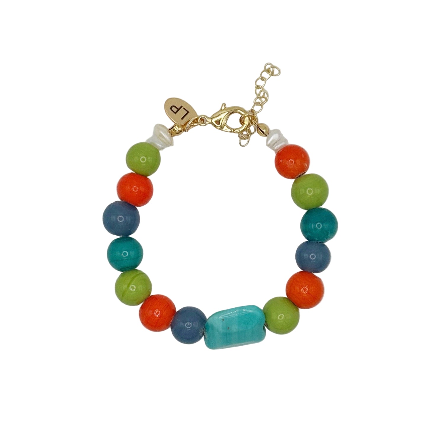 Multicolored beaded bracelet with a gold clasp on a white background