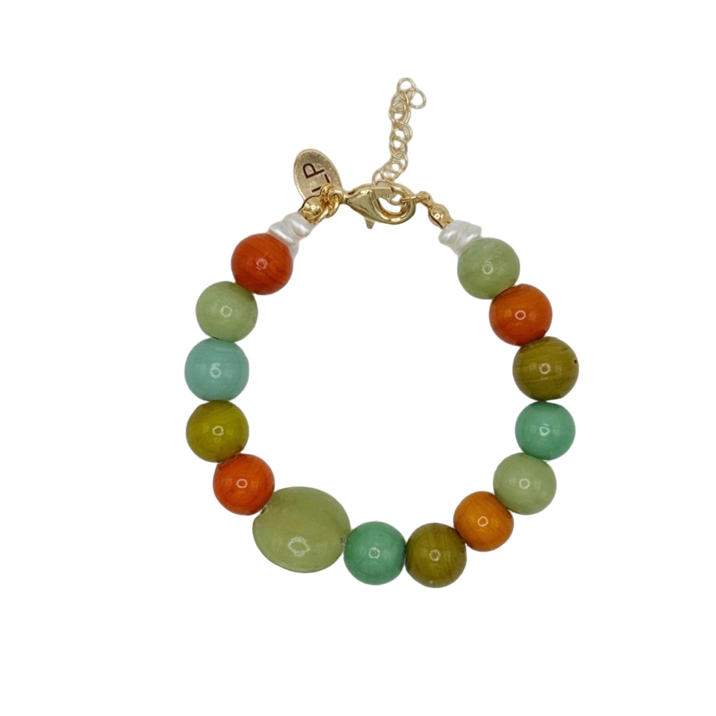 Bracelet with multicolored beads on a light gray background