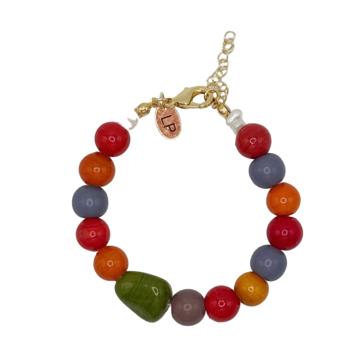 Multicolored beaded bracelet with a gold clasp on a white background
