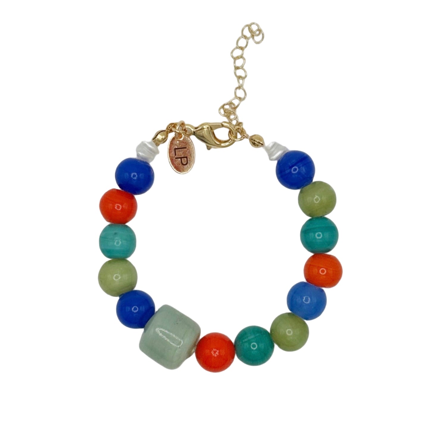 Multicolored beaded bracelet with a gold clasp on a white background
