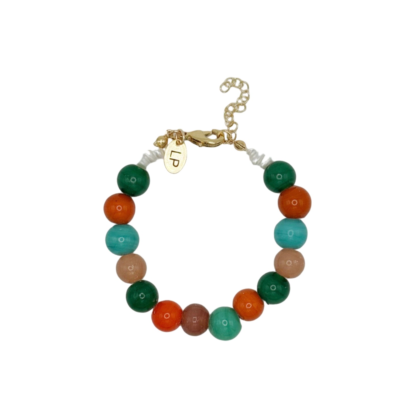 Multicolored beaded bracelet with a gold clasp on a light gray background