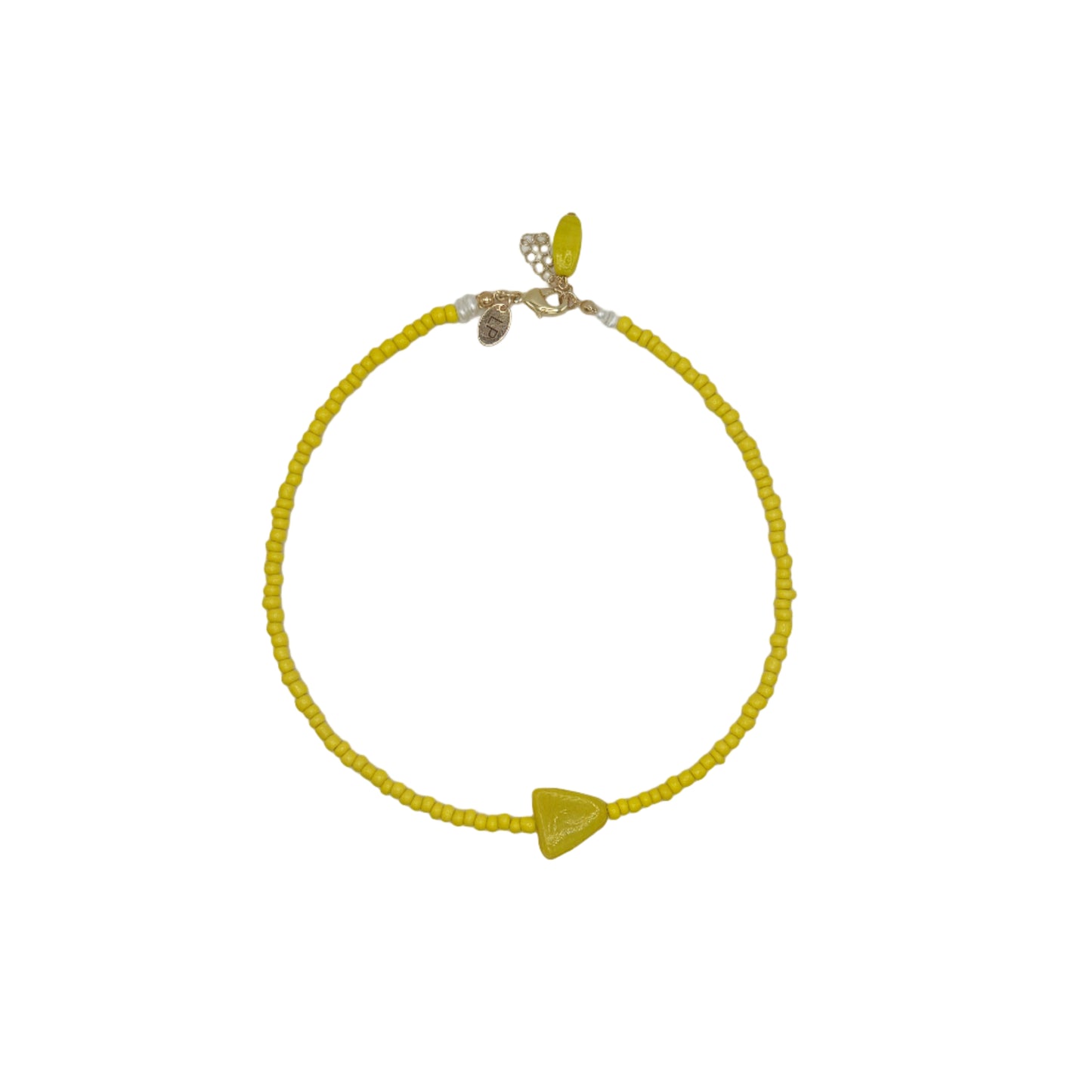 Yellow beaded necklace with a triangle charm on a white background