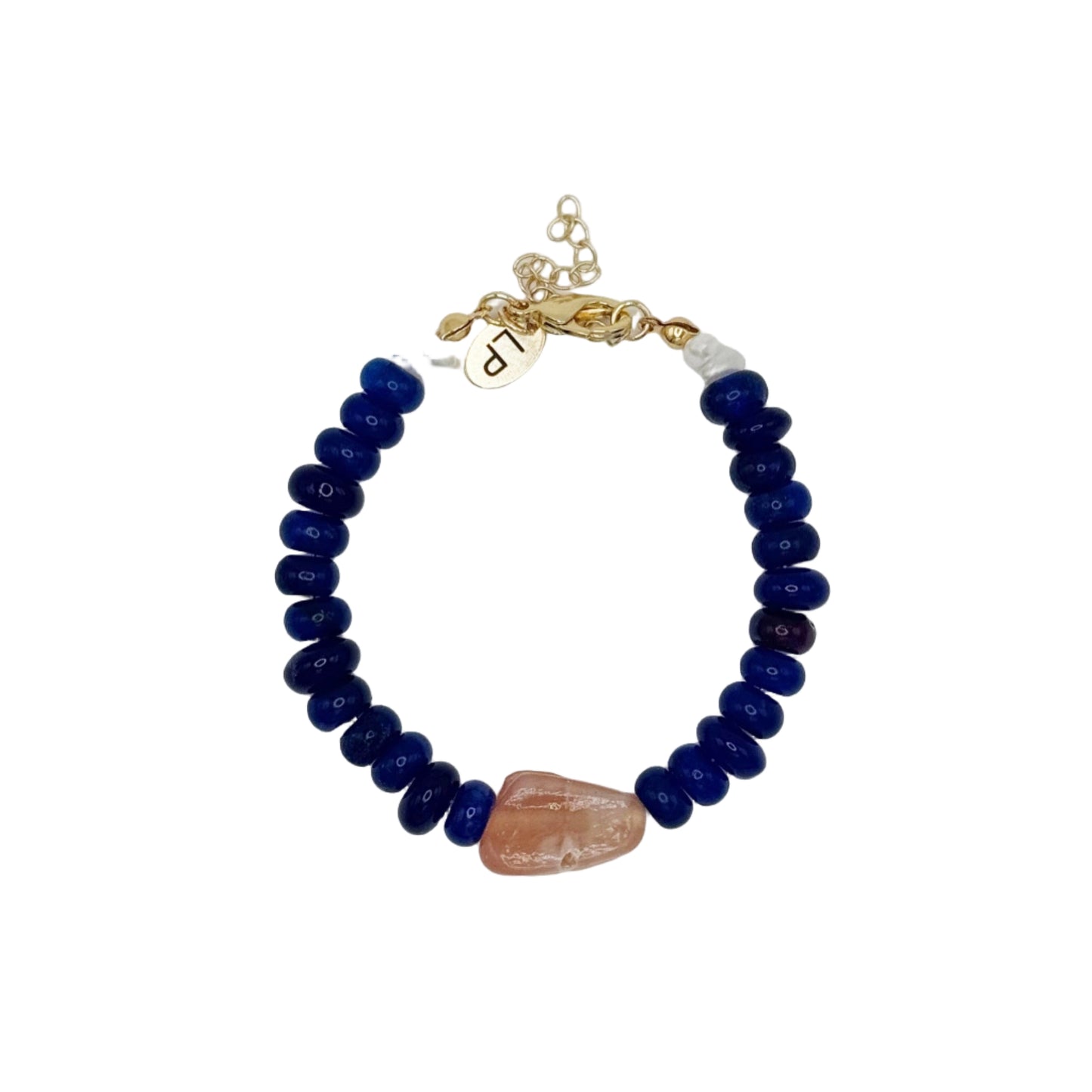 Navy beaded bracelet with a gold clasp on a white background