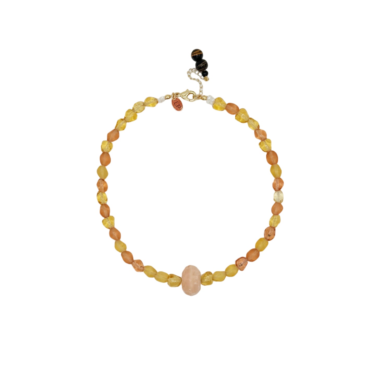 Necklace with multicolored beads on a white background