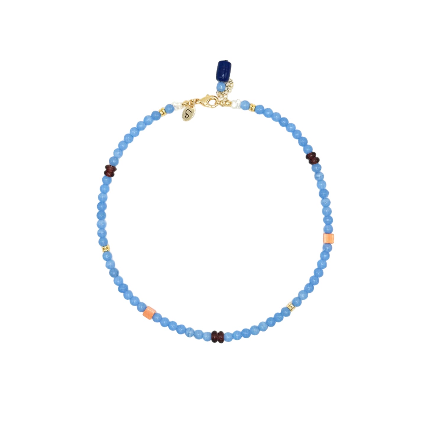 Beaded necklace with blue beads on a white background