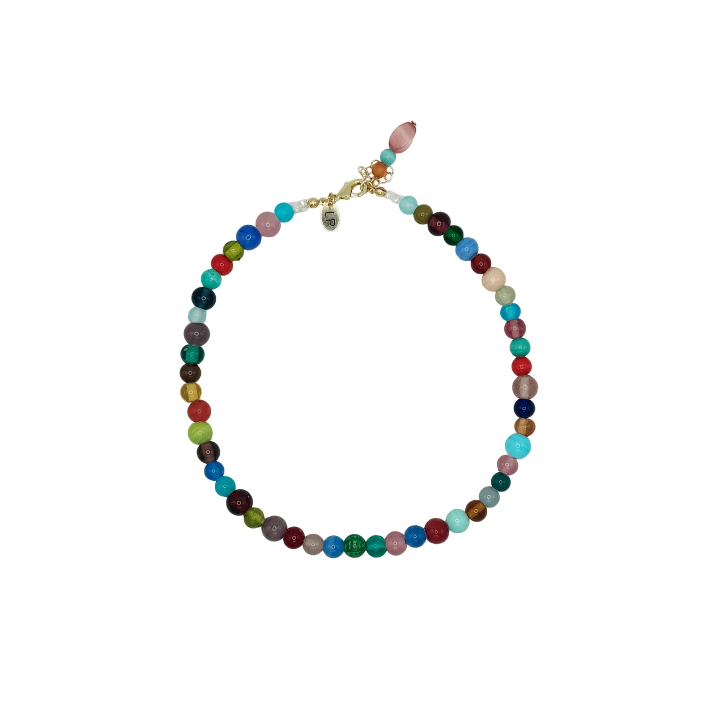 Multicolored beaded necklace on a white background
