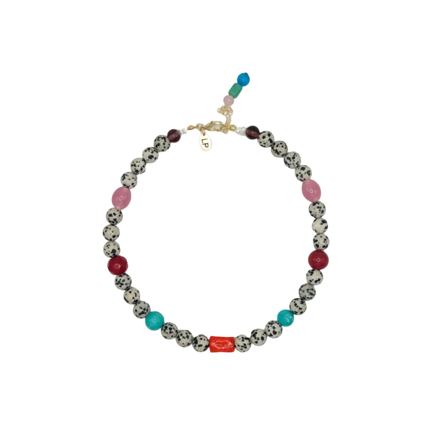 Necklace with multicolored beads on a white background
