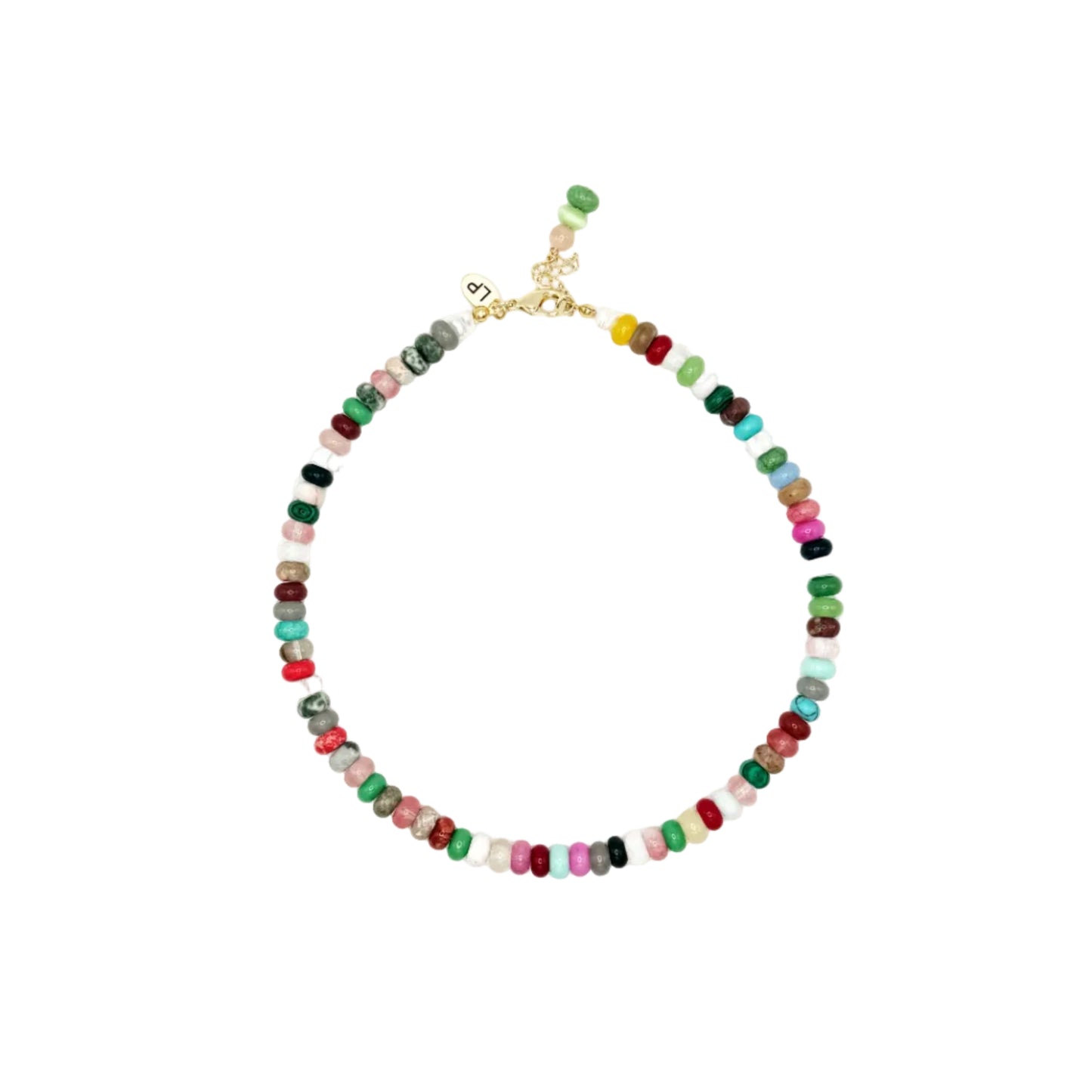 Multicolored beaded necklace on a white background