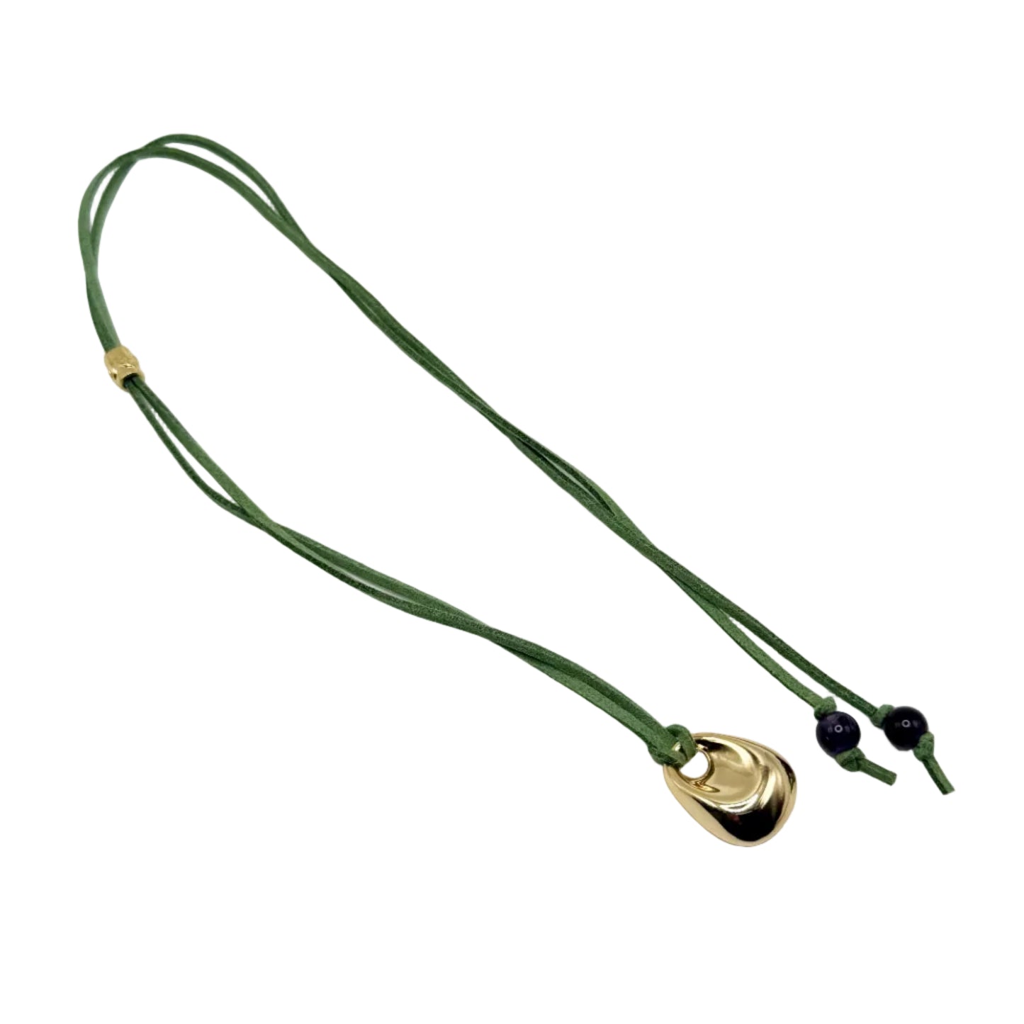 Green necklace with a gold pendant on a white background