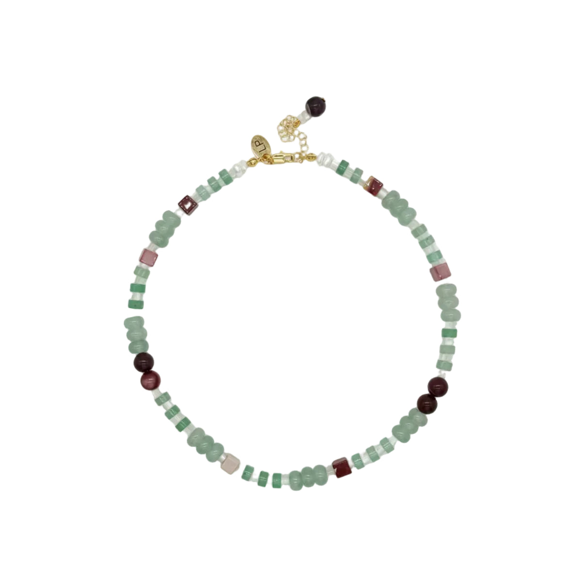A beaded necklace with light green, white, and dark red beads, accented by a gold clasp, displayed on a clean white background.