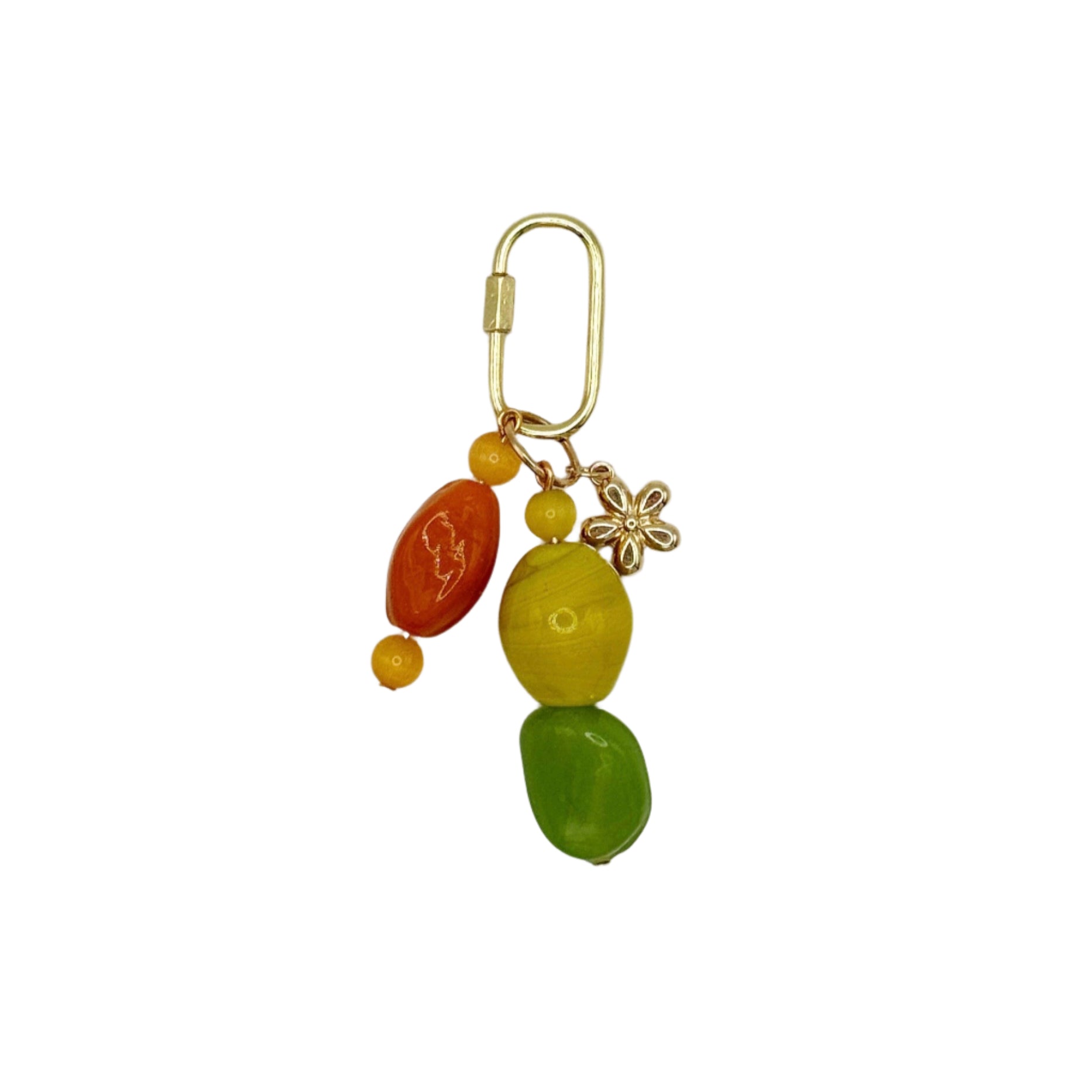 Keychain with colorful beads and a gold clasp on a white background