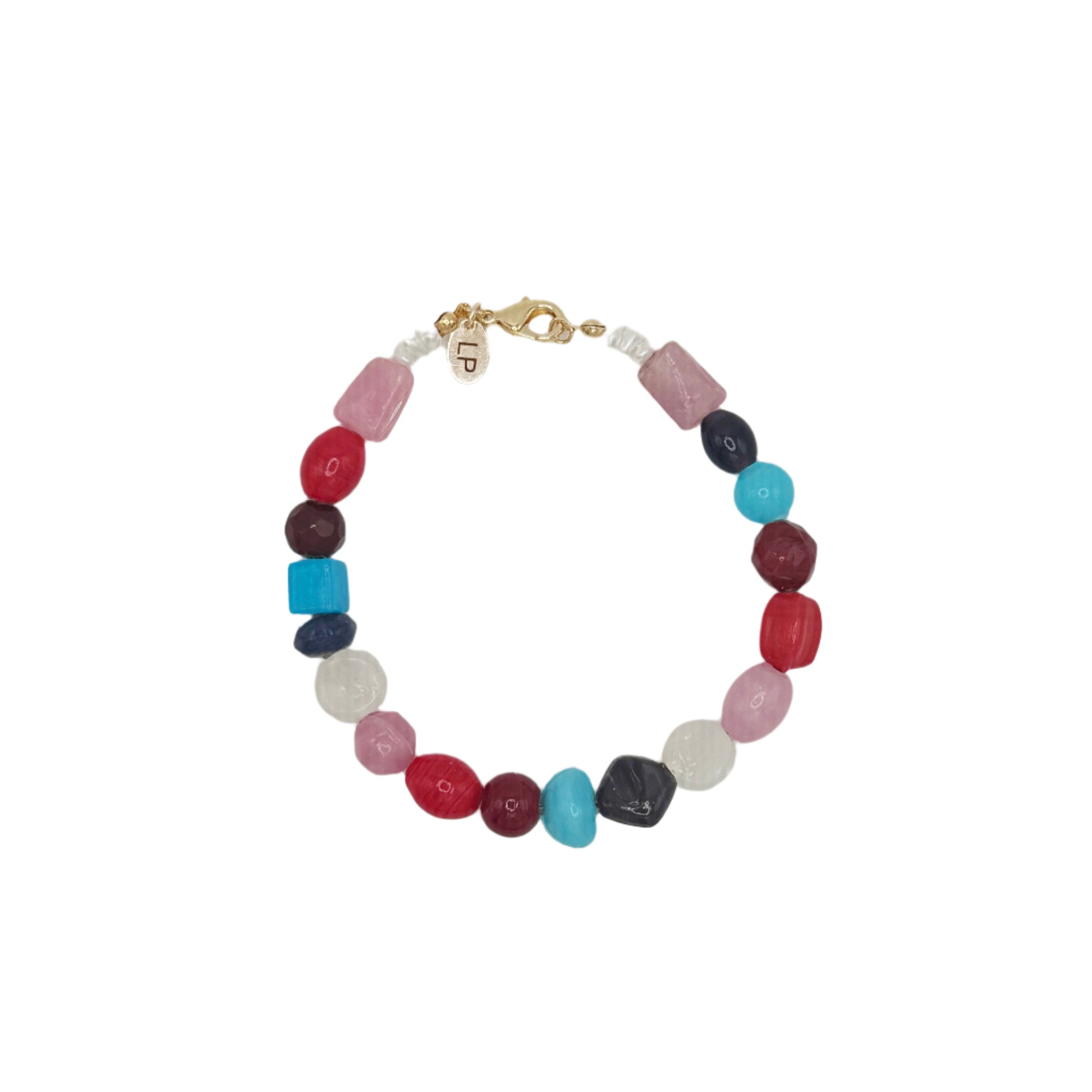Multicolored beaded anklet on a white background